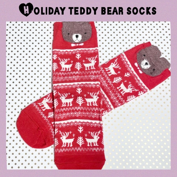 Accessories - Kawaii Winter / Holiday Teddy Bear Socks - 1 Pair - Cute Red Christmas Socks